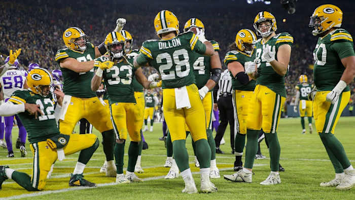 The Packers celebrate AJ Dillon's touchdown. (USA Today Sports Images)